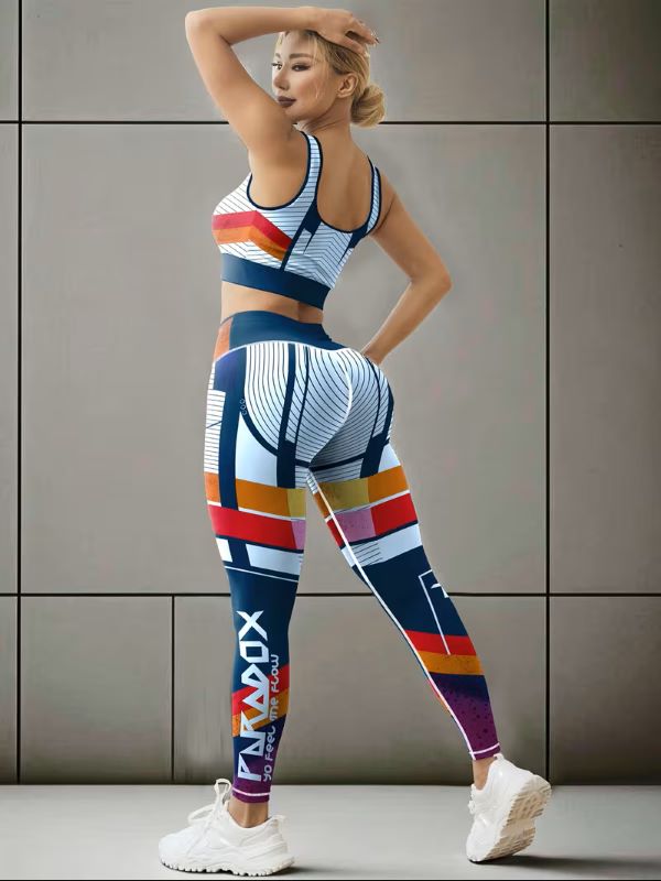 High-waisted leggings with striped sports bra - side angle
