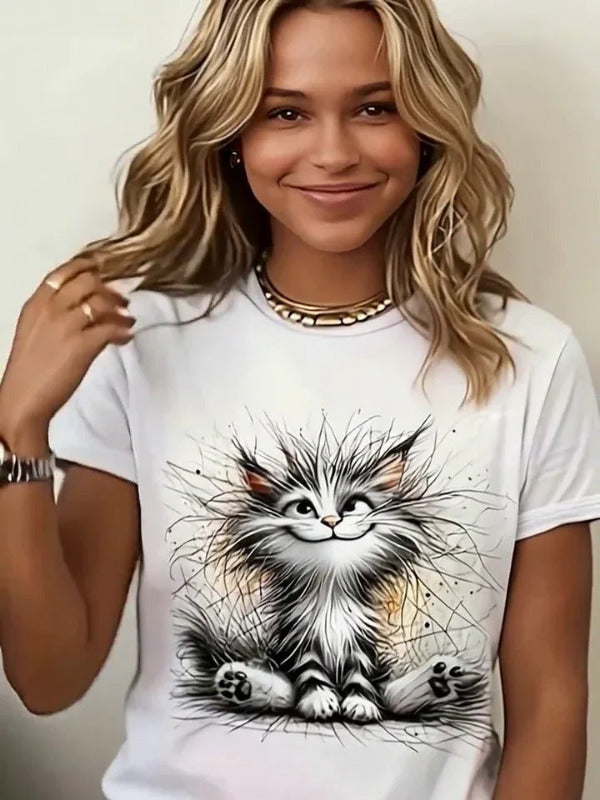 A Cute Animal Cat Print Short-Sleeve Round-Neck T-Shirt - MozaWear