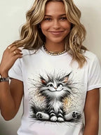 A Cute Animal Cat Print Short-Sleeve Round-Neck T-Shirt - MozaWear