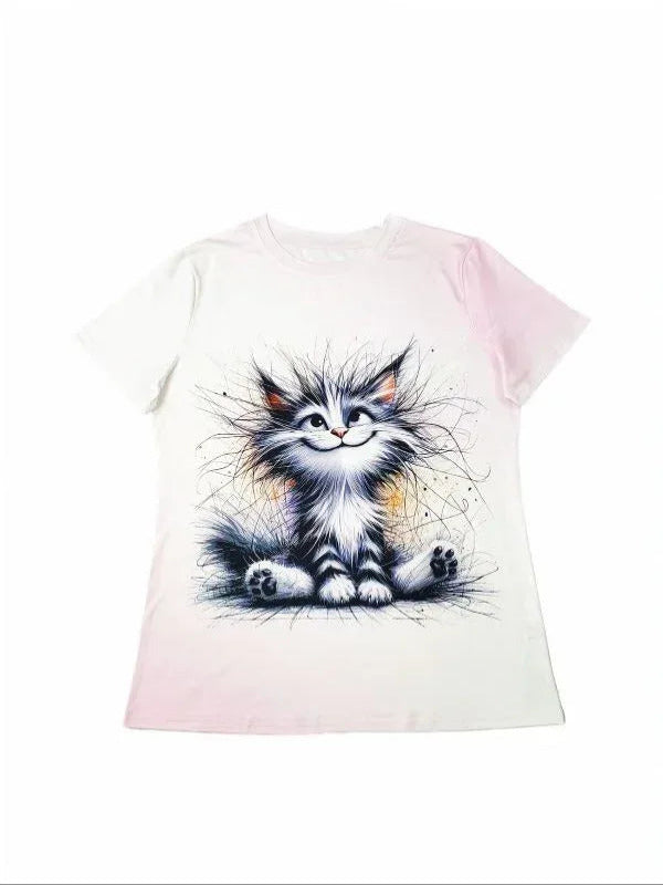 A Cute Animal Cat Print Short-Sleeve Round-Neck T-Shirt - MozaWear
