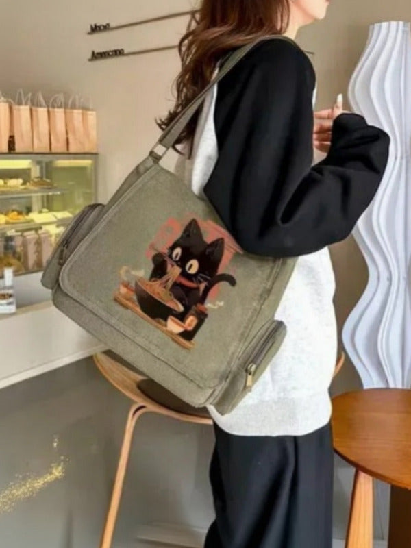 Cat & Ramen Print Tote Bag - Retro - MozaWear