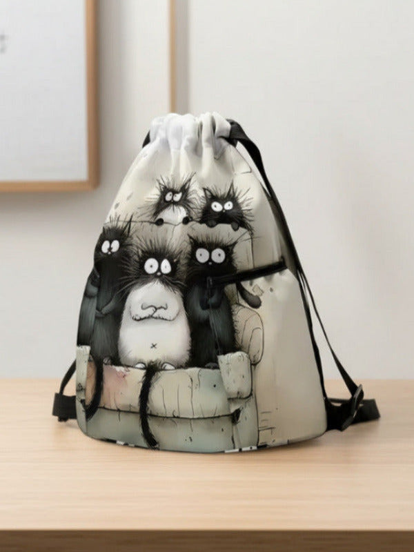 Sofa Straw Cat Pattern Printed Drawstring Backpack - MozaWear