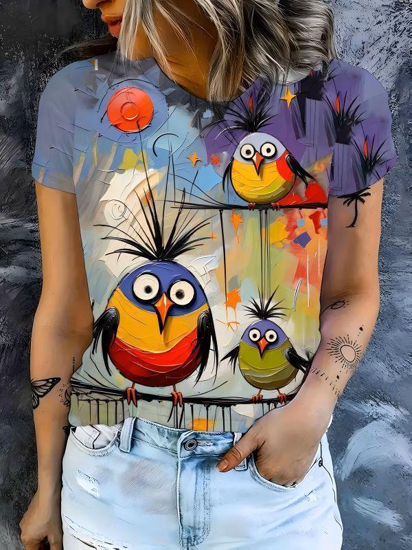 T-Shirt with a Quirky Colorful Bird Print - MozaWear
