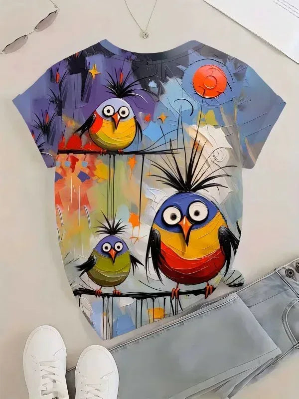 T-Shirt with a Quirky Colorful Bird Print - MozaWear