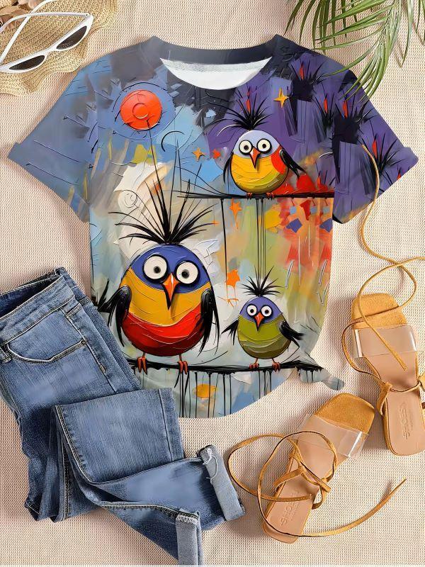 T-Shirt with a Quirky Colorful Bird Print - MozaWear