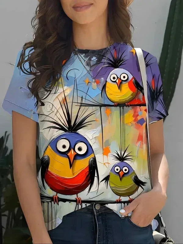 T-Shirt with a Quirky Colorful Bird Print - MozaWear