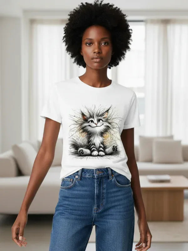 A Cute Animal Cat Print Short-Sleeve Round-Neck T-Shirt - MozaWear