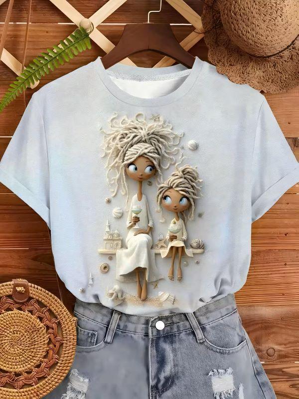 Women'S White T-Shirt with Braided Mother and Daughter - MozaWear
