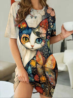 Women's Color Block Cat Print T-Shirt Nightgown - MozaWear