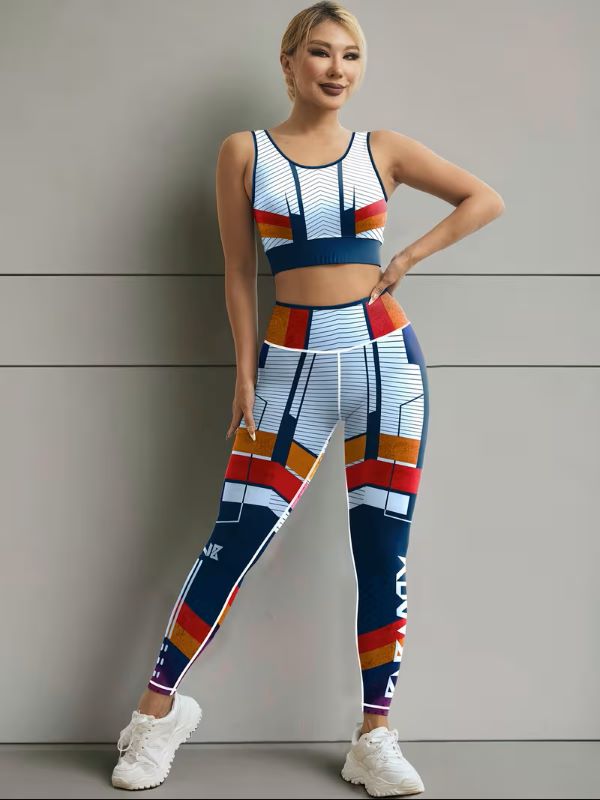 Women's striped sports bra and leggings set in bold print - front view
