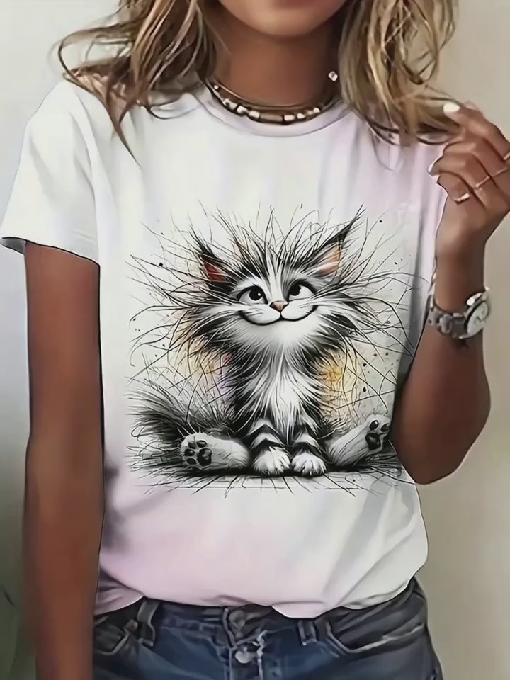 T-shirt de manga curta e gola redonda com estampado de gato fofo